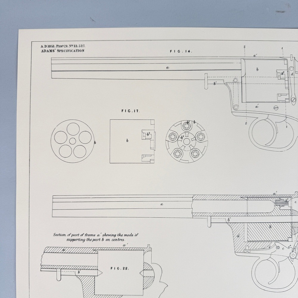 Antique 1854 Adams Revolver Patent Specification Lithograph on Laid Paper 14x21 - Picture 2 of 12
